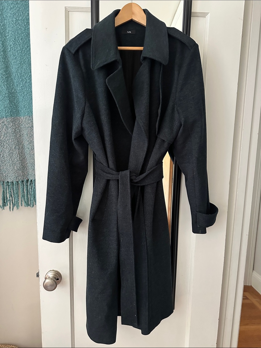 Ruti Open Front, Belted Trench Coat in Dark Teal Size 4 Large